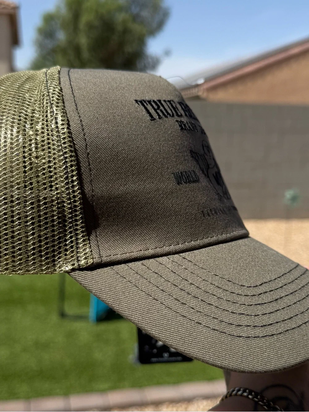 True Religion Mens Kalamata Olive Green TR Trucker Buddha Logo Hat NEW Y2K Style